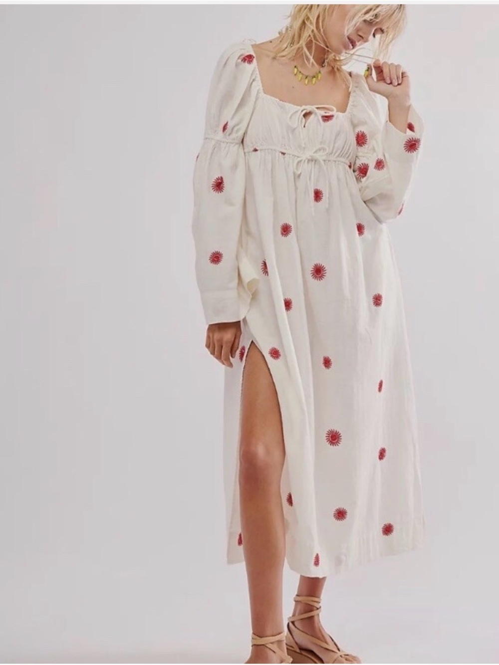 Free People Cream Maxi Dress with Red Sunburst Embroidery